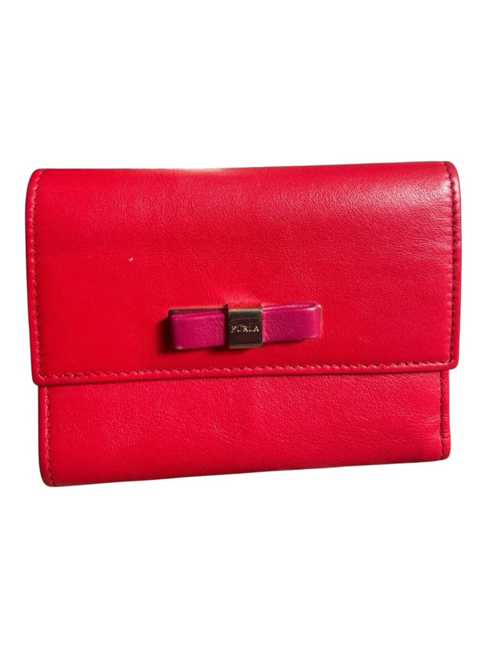 Furla Red & Hot Pink Magenta Smooth Leather Compact Trifold Snap Wallet